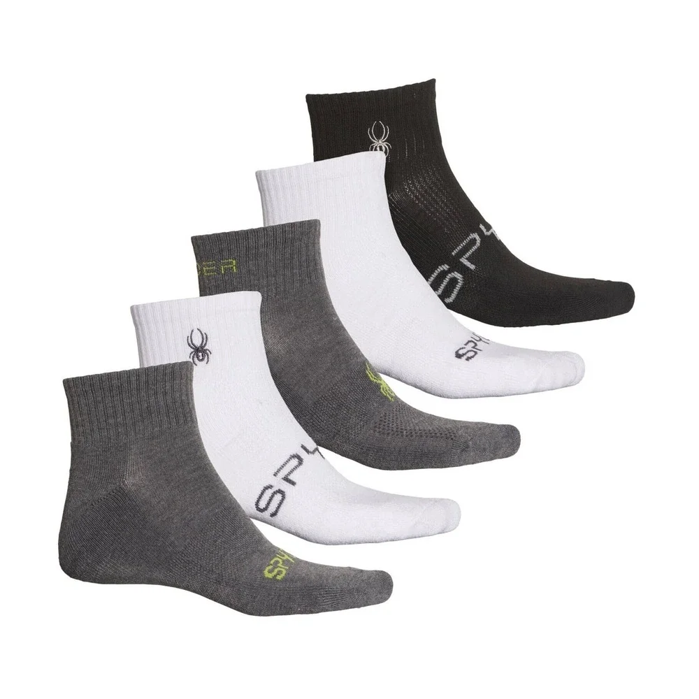 NEW Spyder Men Mesh Quarter Socks 5 Pairs White Black Shoe Size 6 -12 Absorb Tek